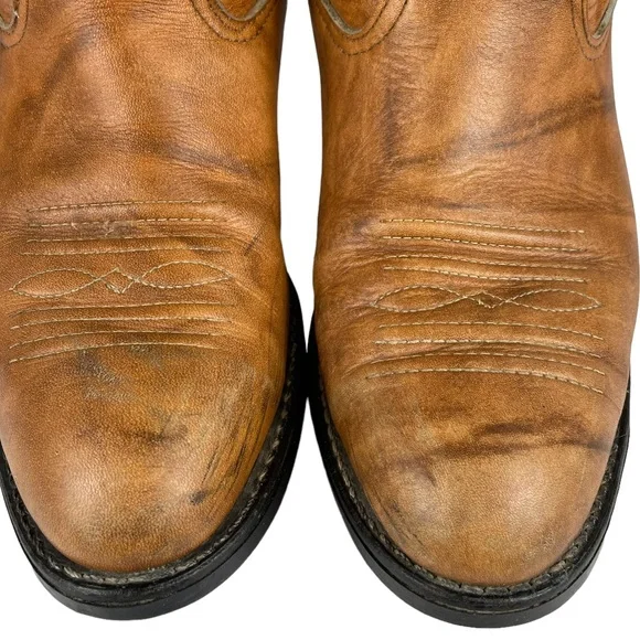 Vintage Cowhide Steel-toe Western Cowboy Brown Leather Boots Stitchwork Mens 8.5 - Picture 5 of 16